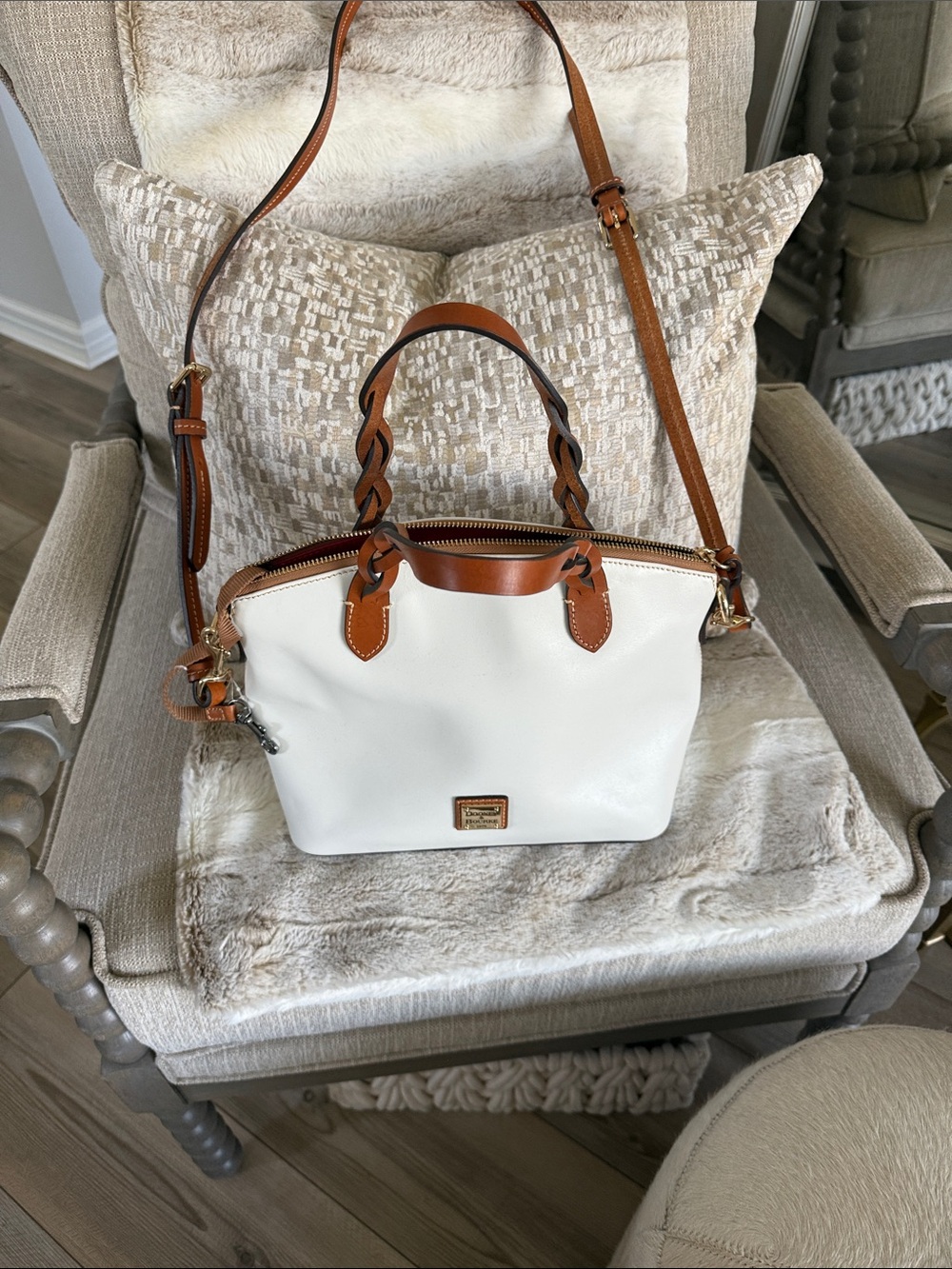 Dooney & Bourke Cream Tote with Red Interior and Tan Straps - Picture 2 of 7